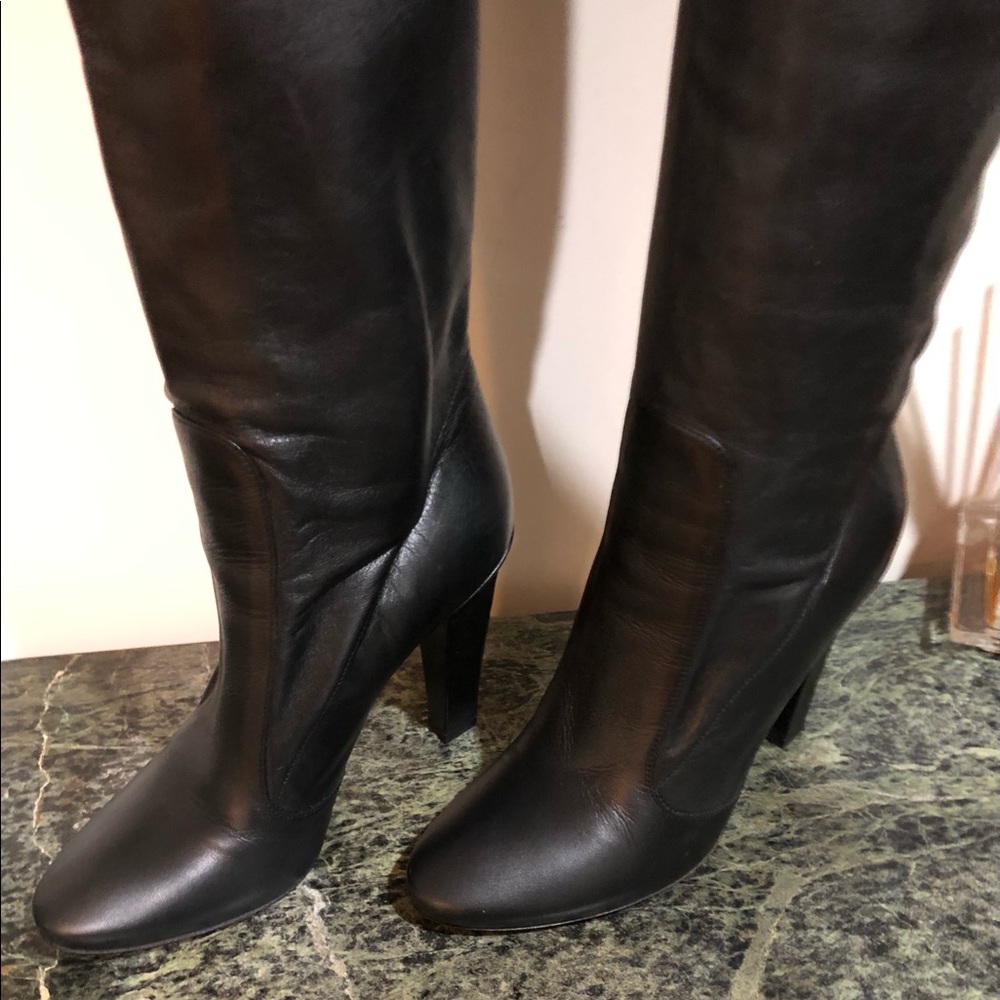 $1195 Jimmy Choo Pull On Boots, Kid Leather Knee-High Black Boots Size 37.5